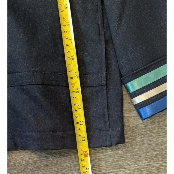 St John Marie Gray jacket S 3/4 Sleeve Full Zip Navy Blue Striped Trim Pockets